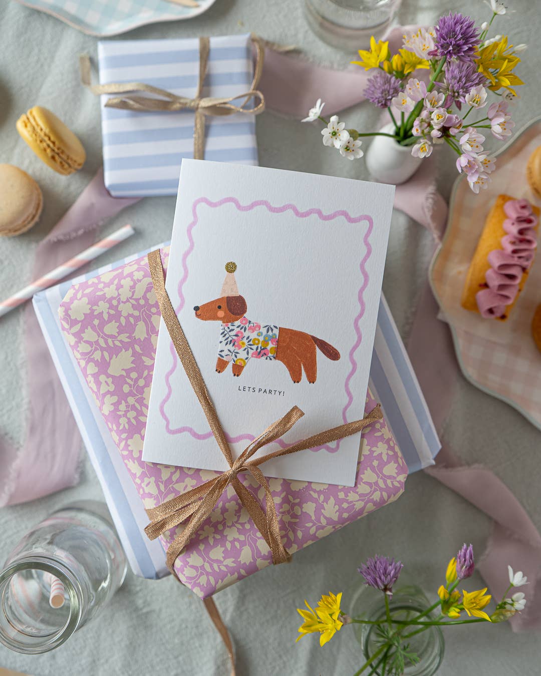Sausage Dog Card - Made with Liberty Wiltshire Bud Fabric