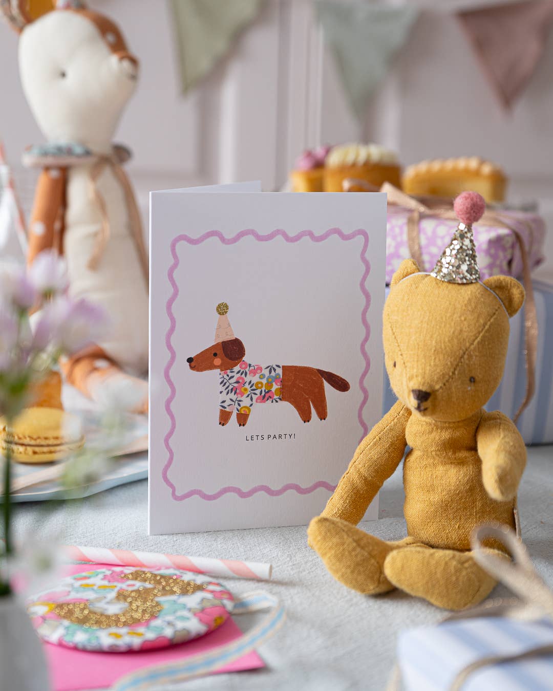 Sausage Dog Card - Made with Liberty Wiltshire Bud Fabric
